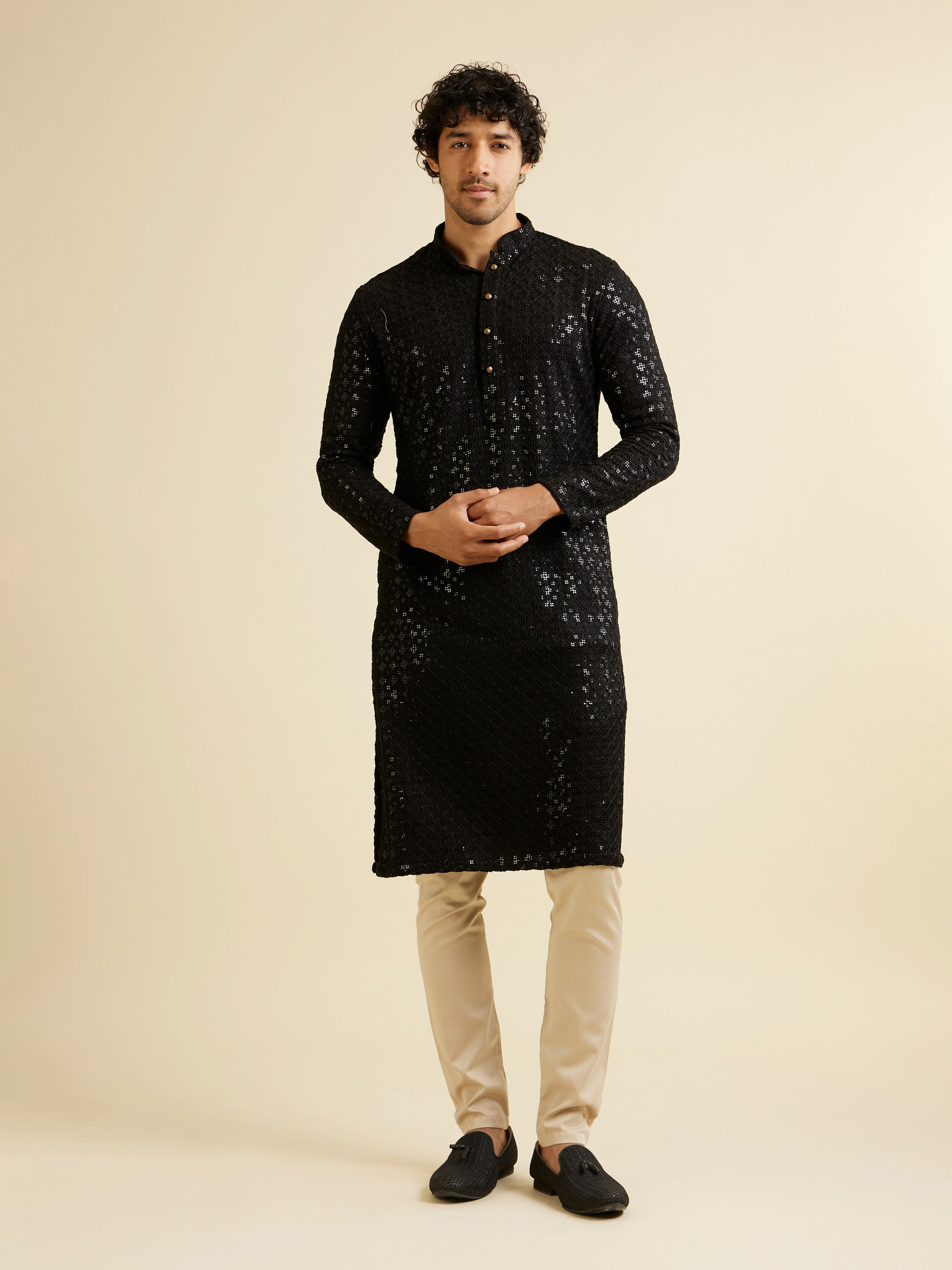 Manyavar Men Ebony Black Chikankari Embroidered Sequinned Kurta Set