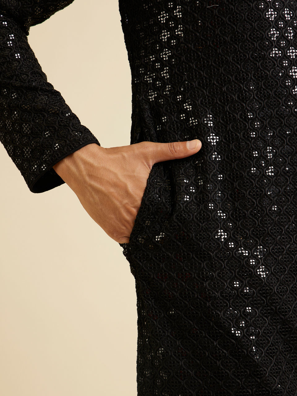 Manyavar Men Ebony Black Chikankari Embroidered Sequinned Kurta Set