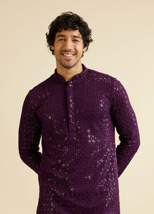 alt message - Manyavar Men Royal Purple Chikankari Embroidered Sequined Kurta Set image number 0