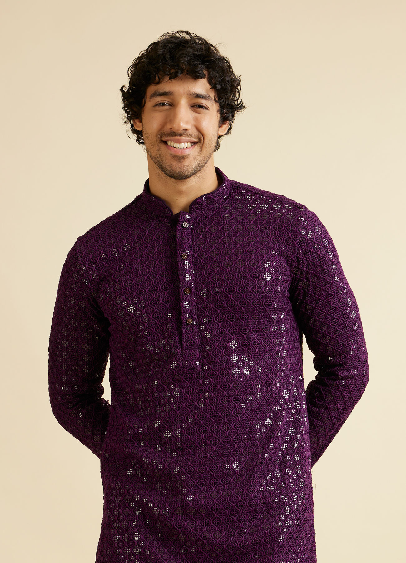 Manyavar Men Royal Purple Chikankari Embroidered Sequined Kurta Set