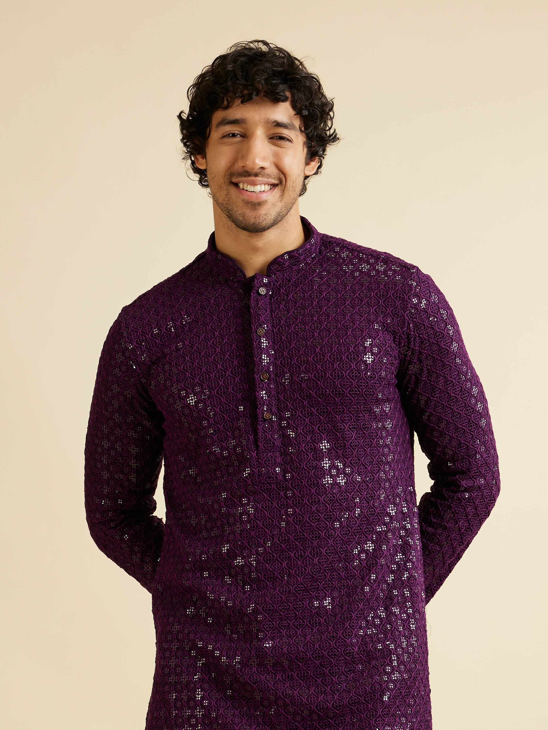 Manyavar Men Royal Purple Chikankari Embroidered Sequined Kurta Set