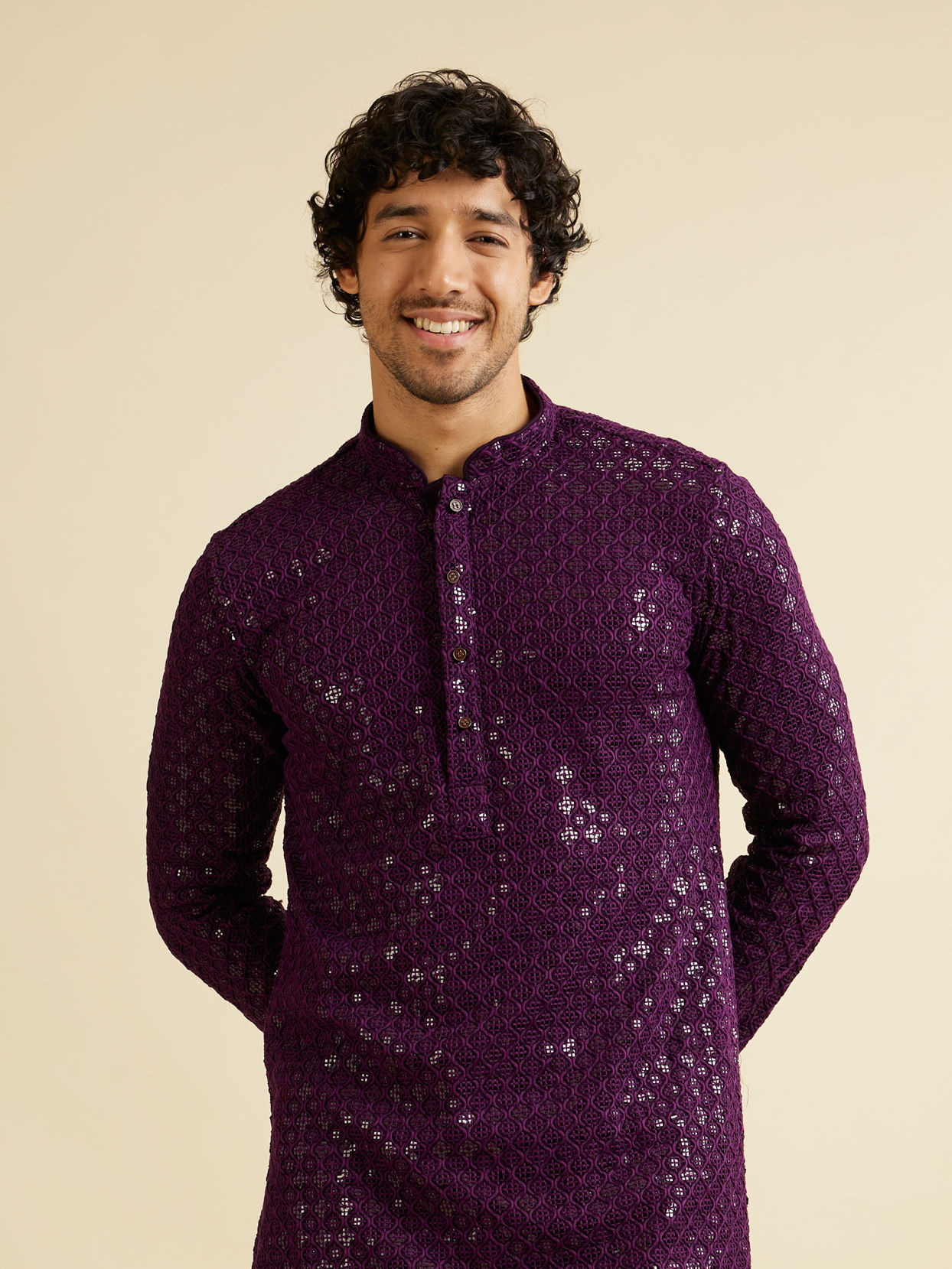 alt message - Manyavar Men Royal Purple Chikankari Embroidered Sequined Kurta Set image number 0