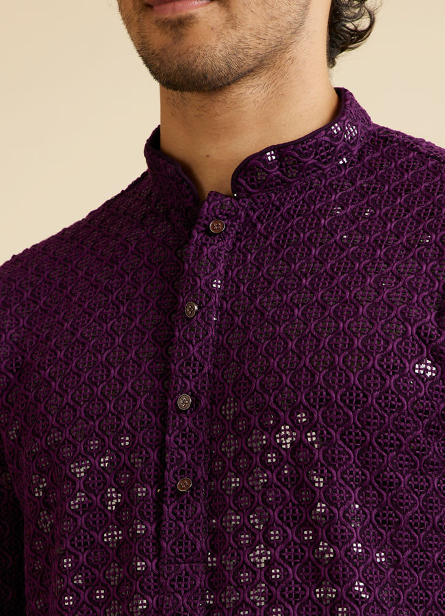 alt message - Manyavar Men Royal Purple Chikankari Embroidered Sequined Kurta Set image number 1