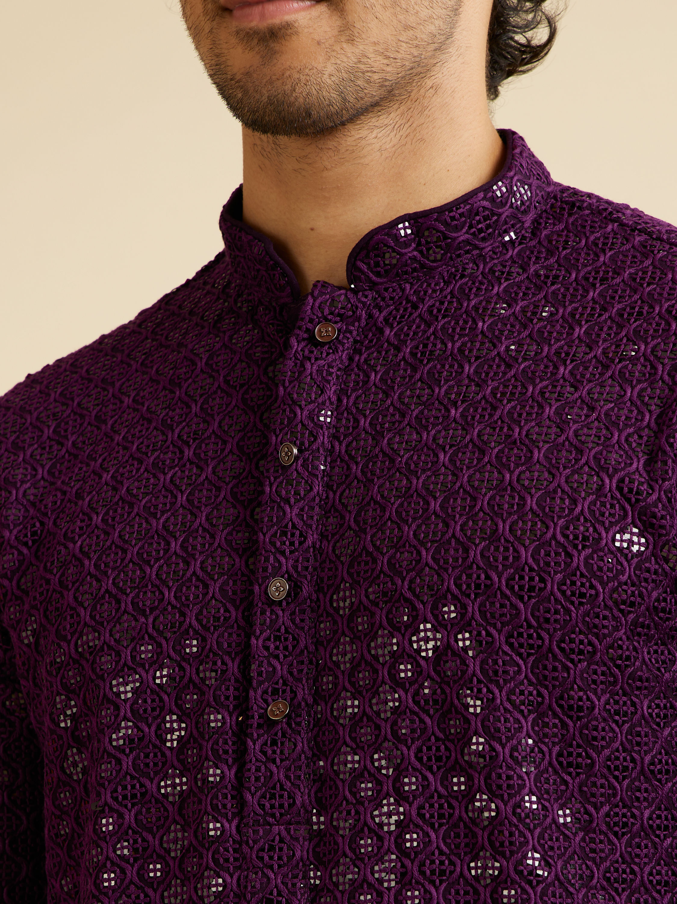 Manyavar Men Royal Purple Chikankari Embroidered Sequined Kurta Set