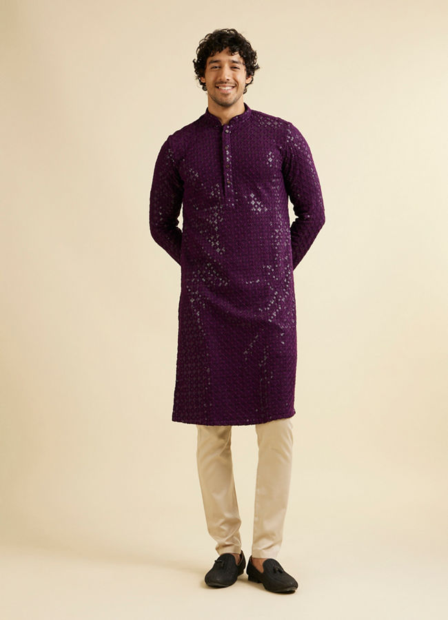 Manyavar Men Royal Purple Chikankari Embroidered Sequined Kurta Set