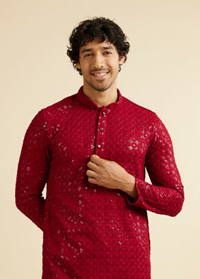 alt message - Manyavar Men Rust Red Chikankari Embroidered Sequinned Kurta Set image number 0