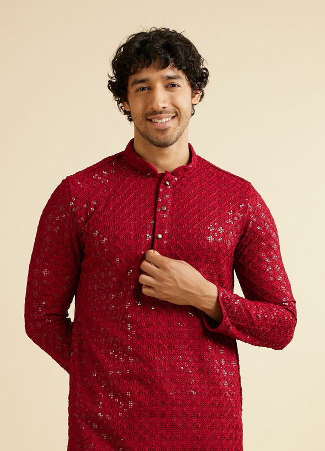 alt message - Manyavar Men Rust Red Chikankari Embroidered Sequinned Kurta Set image number 0