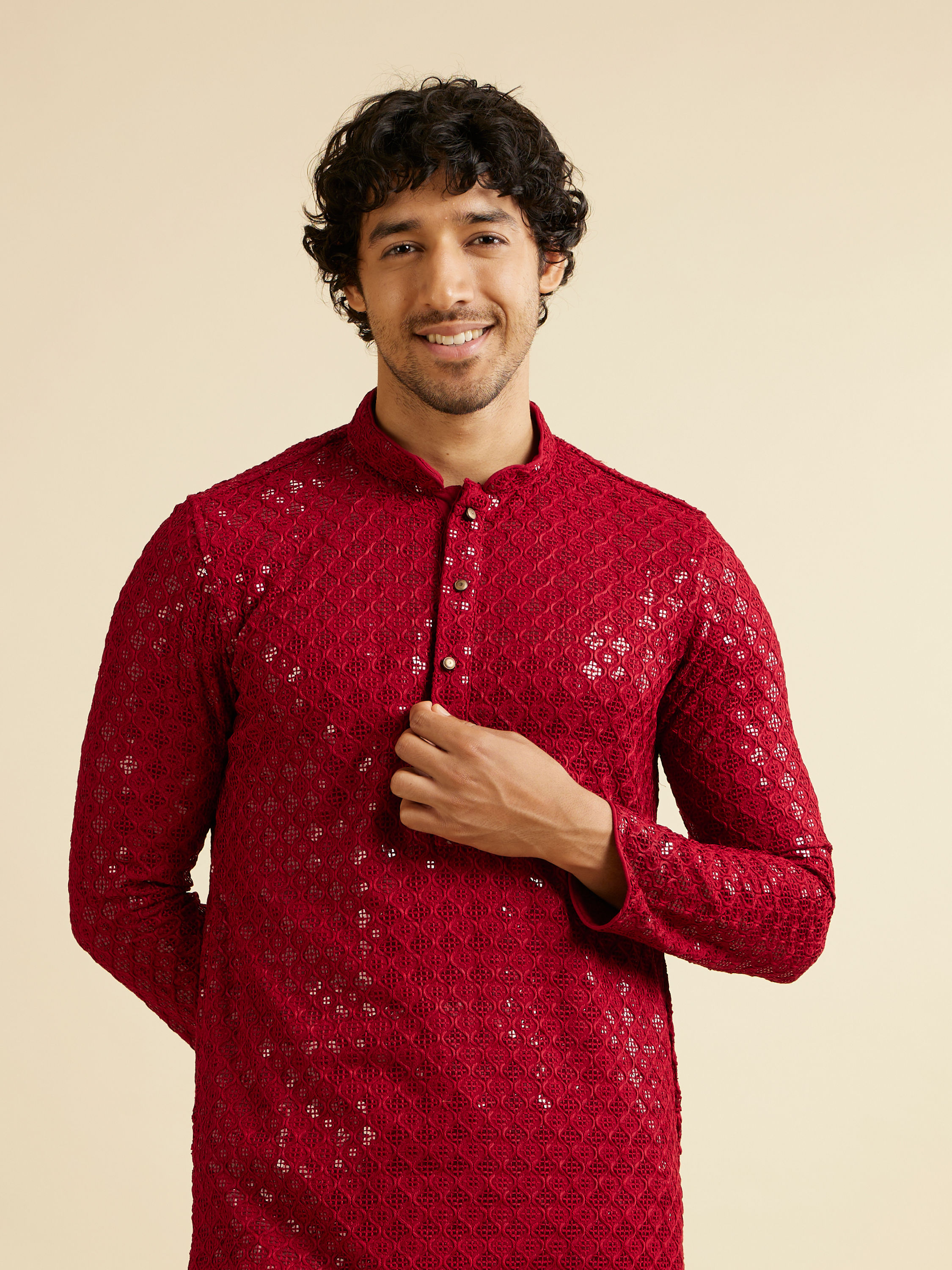 Manyavar Men Rust Red Chikankari Embroidered Sequinned Kurta Set