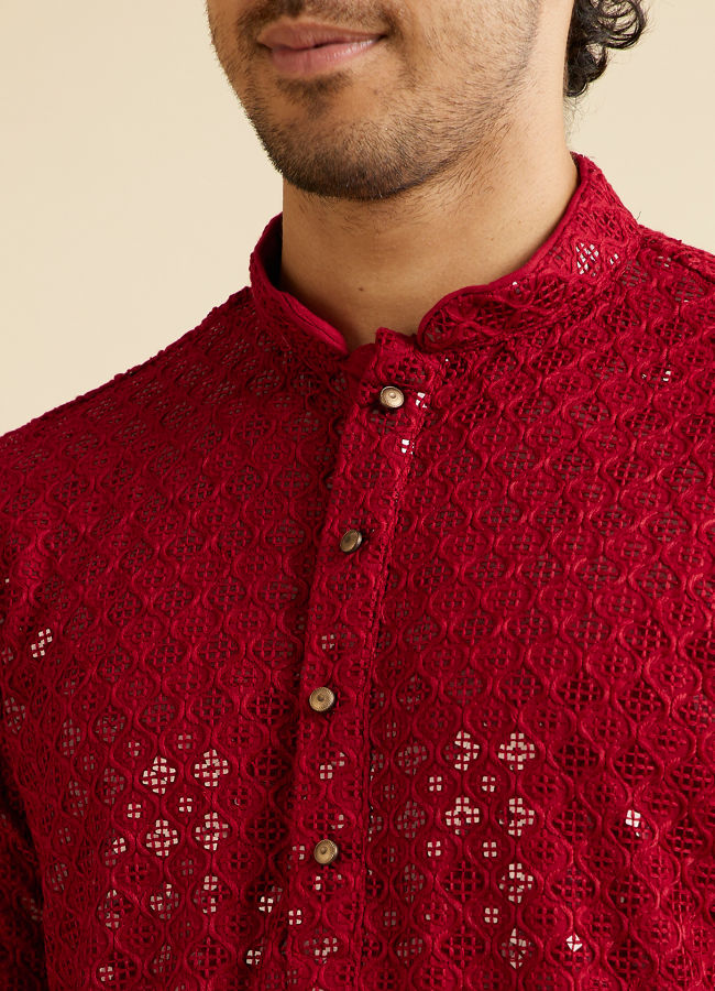 alt message - Manyavar Men Rust Red Chikankari Embroidered Sequinned Kurta Set image number 1