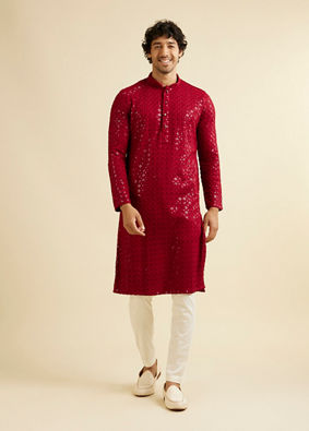 alt message - Manyavar Men Rust Red Chikankari Embroidered Sequinned Kurta Set image number 2