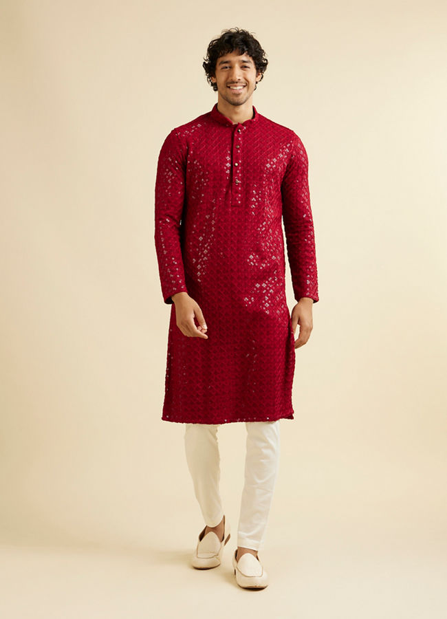 Manyavar Men Rust Red Chikankari Embroidered Sequinned Kurta Set
