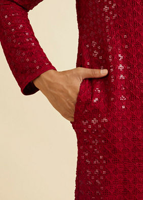 alt message - Manyavar Men Rust Red Chikankari Embroidered Sequinned Kurta Set image number 3