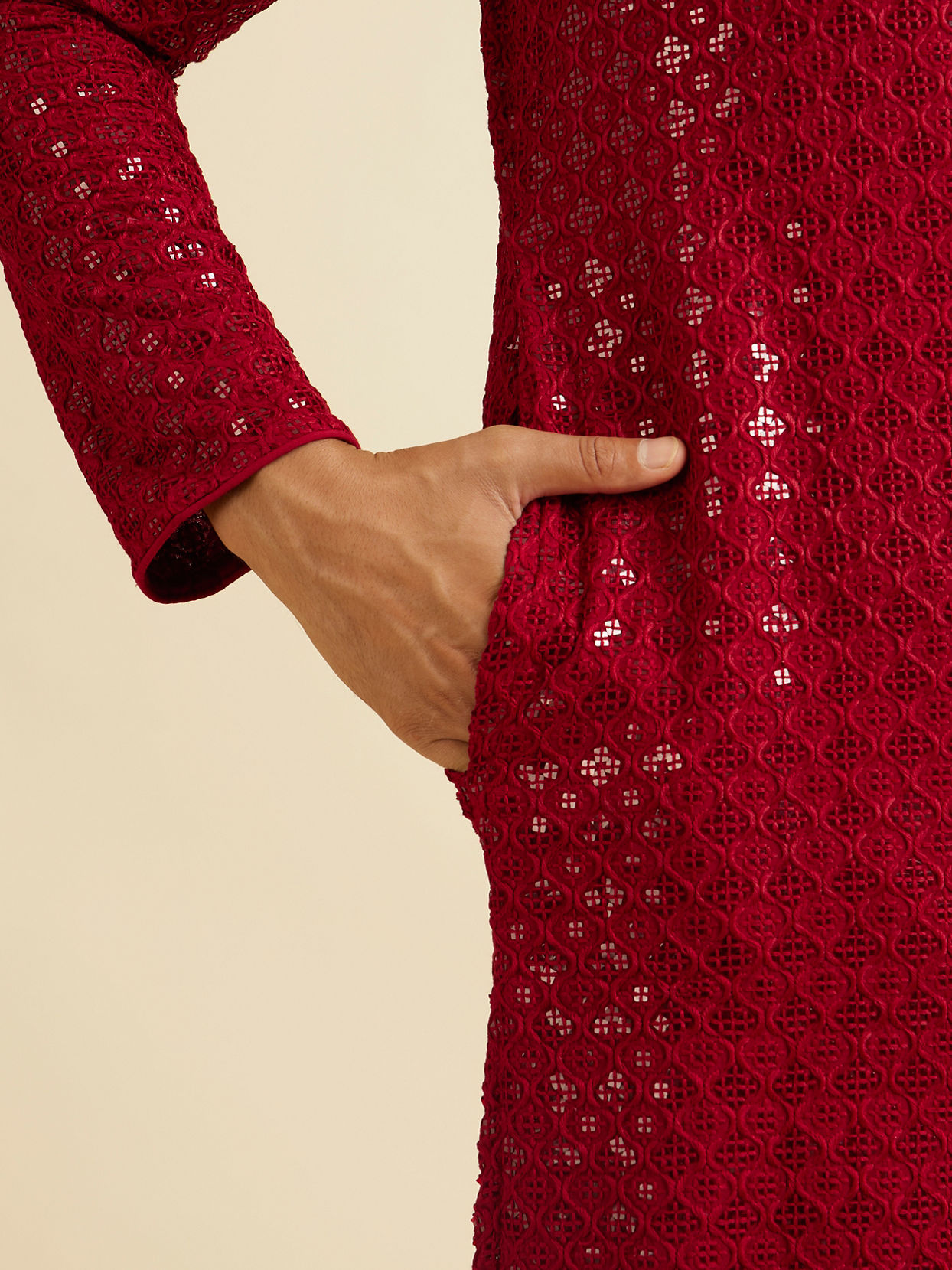 Manyavar Men Rust Red Chikankari Embroidered Sequinned Kurta Set