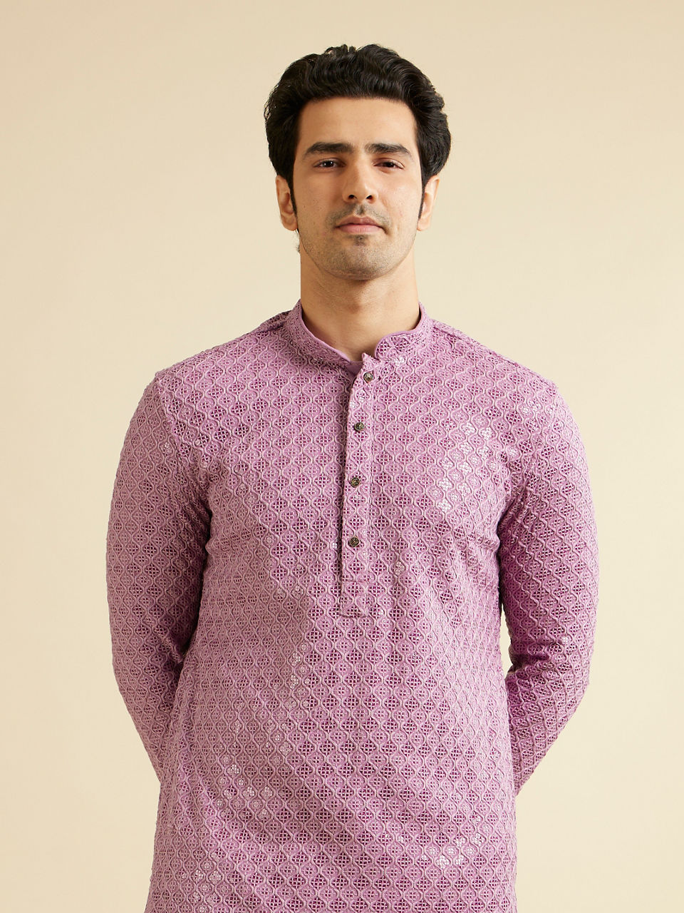 Manyavar Men Deep Lilac Chikankari Embroidered Sequinned Kurta Set