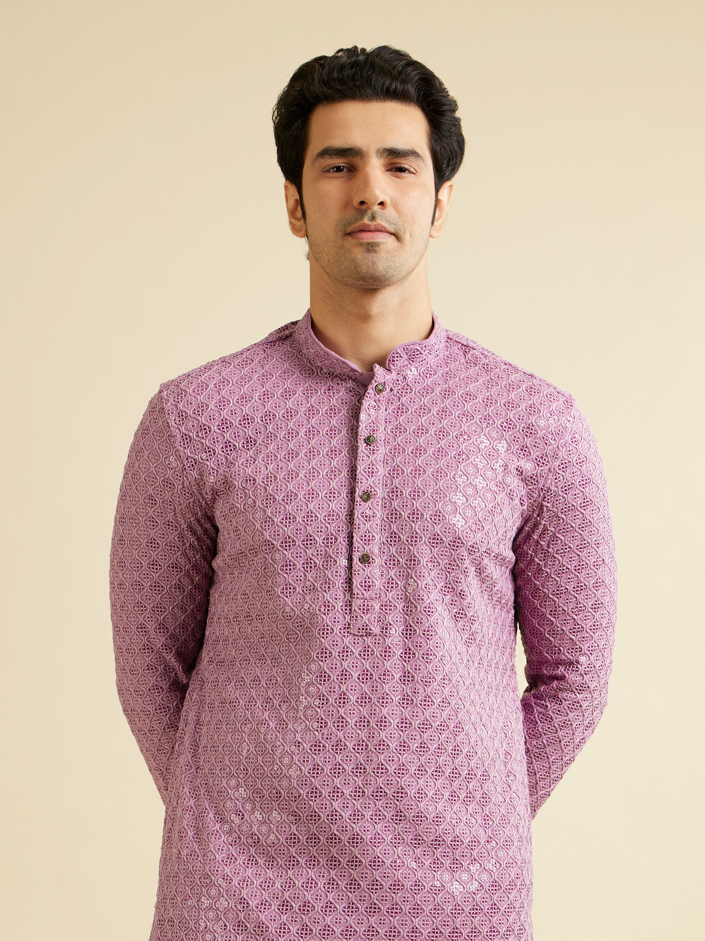 Manyavar Men Deep Lilac Chikankari Embroidered Sequinned Kurta Set