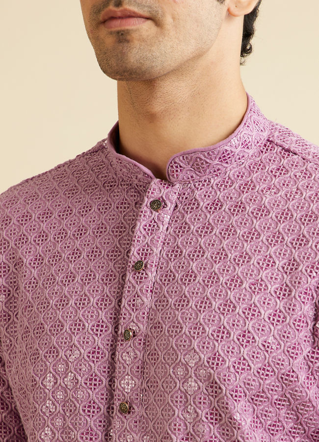 alt message - Manyavar Men Deep Lilac Chikankari Embroidered Sequinned Kurta Set image number 1