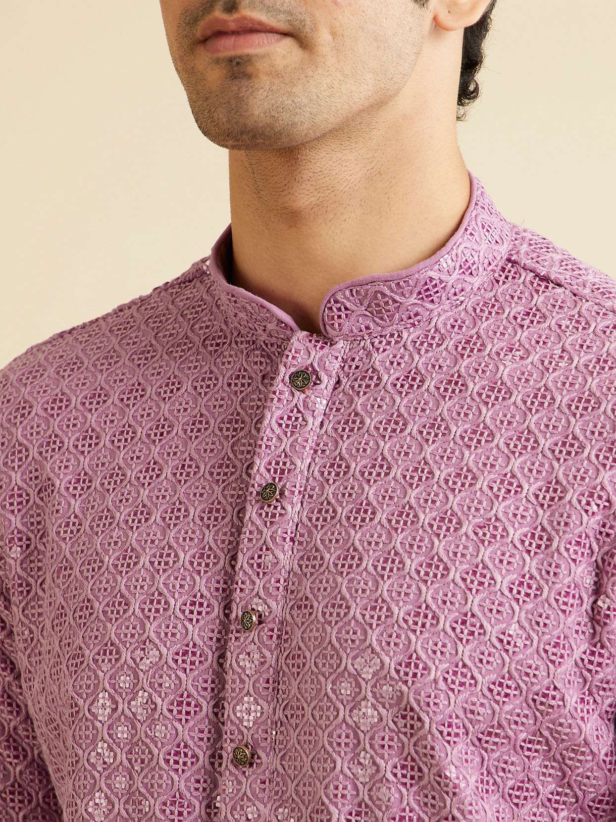 alt message - Manyavar Men Deep Lilac Chikankari Embroidered Sequinned Kurta Set image number 1