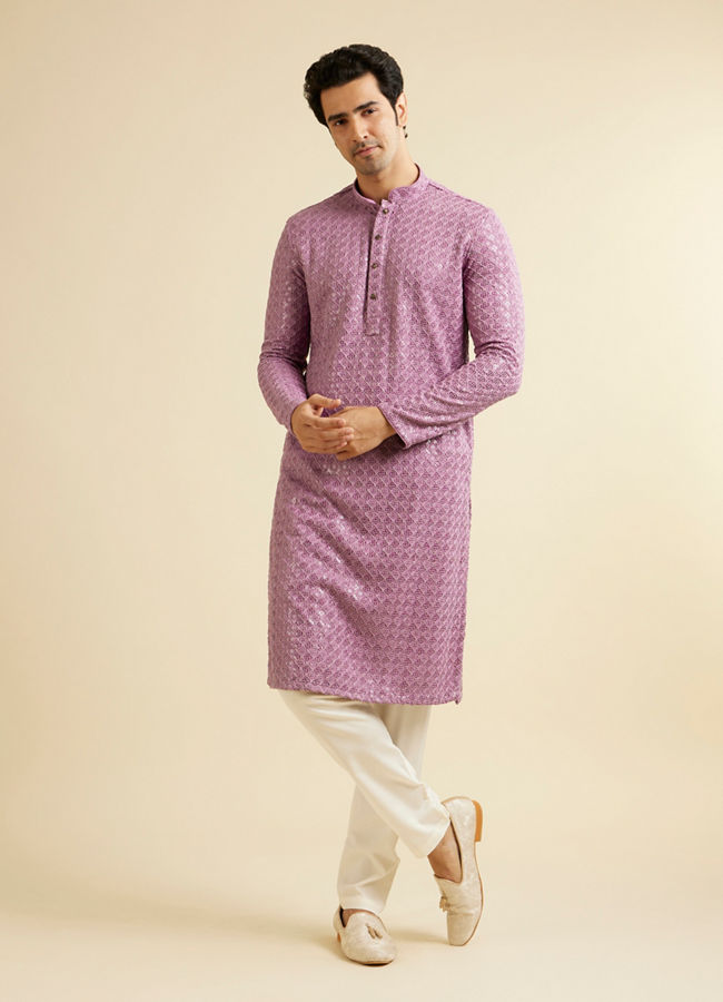 Manyavar Men Deep Lilac Chikankari Embroidered Sequinned Kurta Set