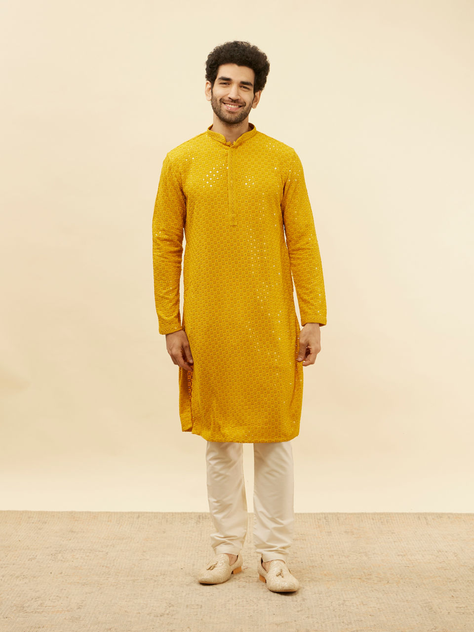 Manyavar Men Bright Mustard Chikankari Sequinned Kurta Set
