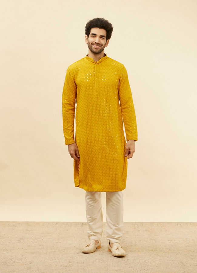 Manyavar Men Bright Mustard Chikankari Sequinned Kurta Set