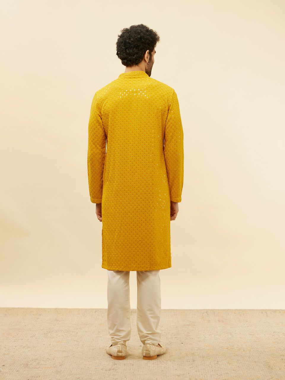 Manyavar Men Bright Mustard Chikankari Sequinned Kurta Set