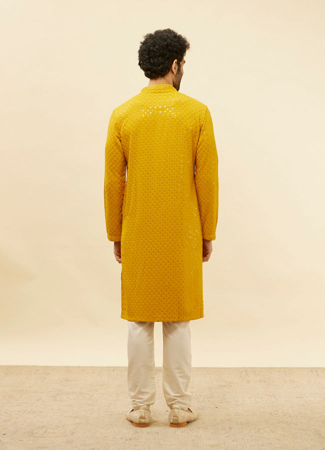 Manyavar Men Bright Mustard Chikankari Sequinned Kurta Set