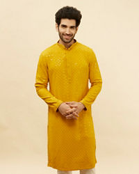 Manyavar Men Bright Mustard Chikankari Sequinned Kurta Set