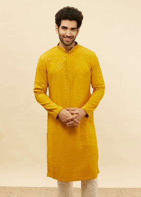 Manyavar Men Bright Mustard Chikankari Sequinned Kurta Set