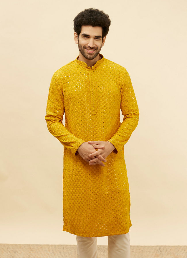 Manyavar Men Bright Mustard Chikankari Sequinned Kurta Set