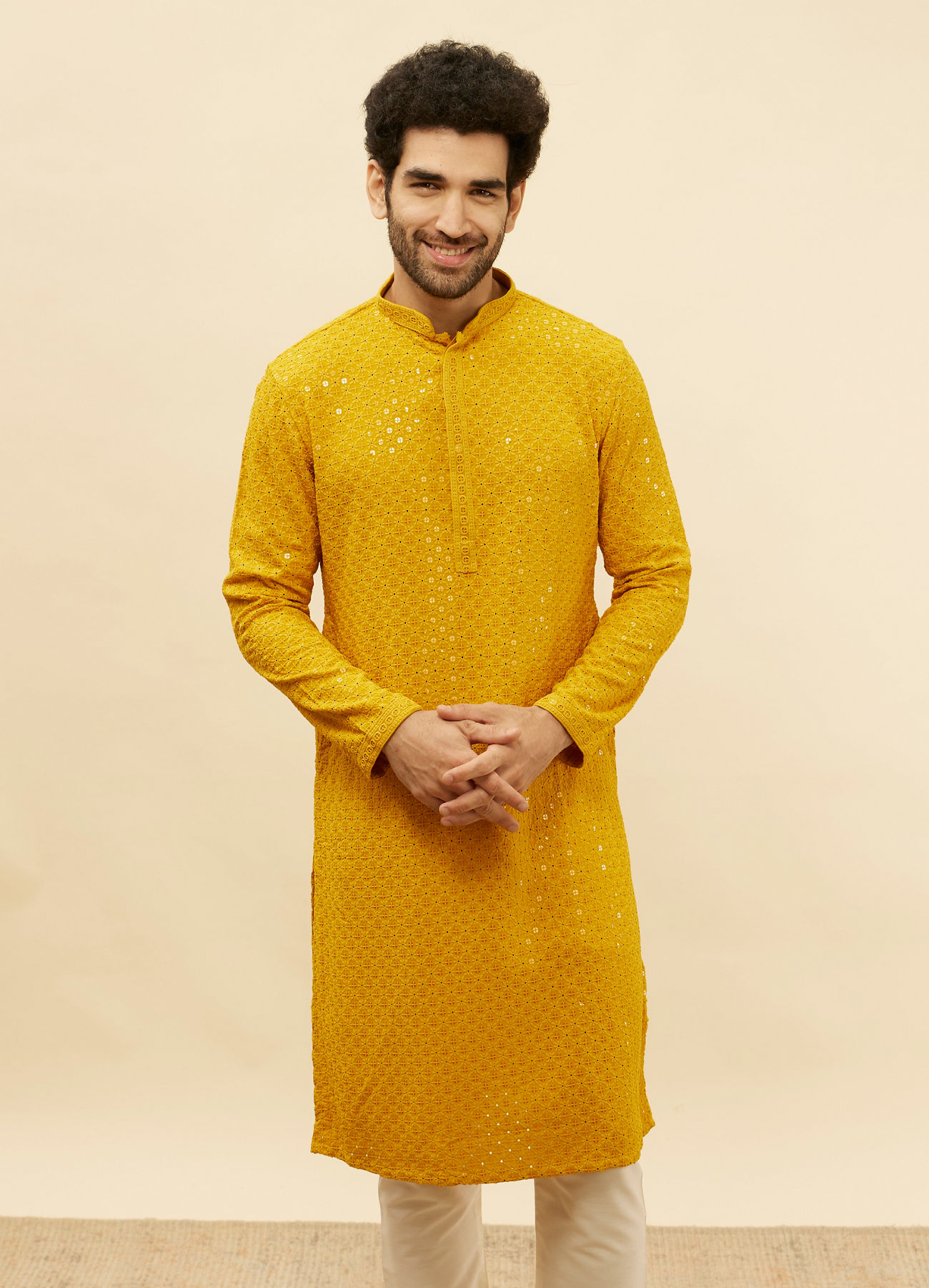 Manyavar Men Bright Mustard Chikankari Sequinned Kurta Set