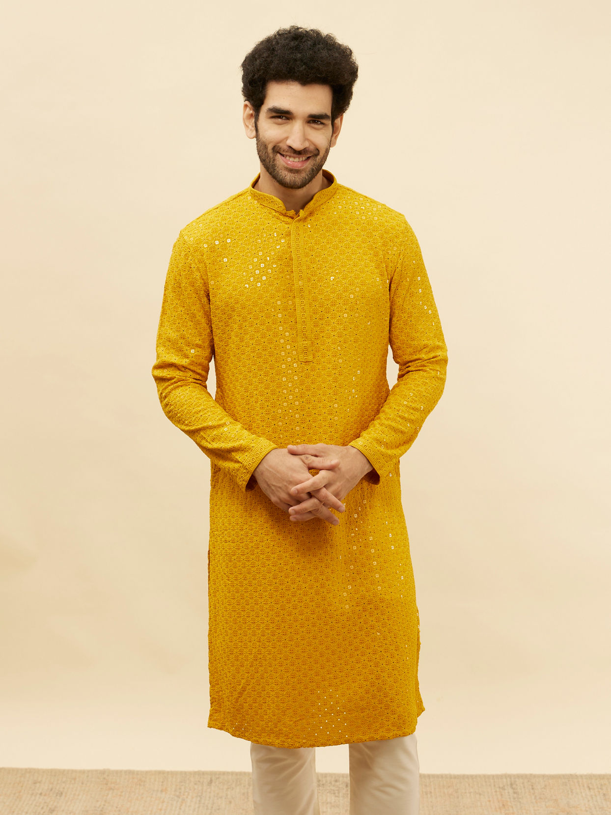 Manyavar Men Bright Mustard Chikankari Sequinned Kurta Set