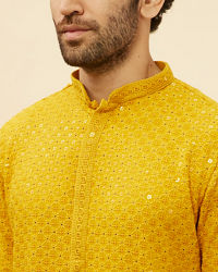 Manyavar Men Bright Mustard Chikankari Sequinned Kurta Set