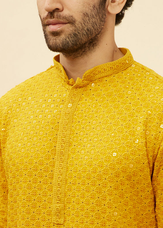 Manyavar Men Bright Mustard Chikankari Sequinned Kurta Set