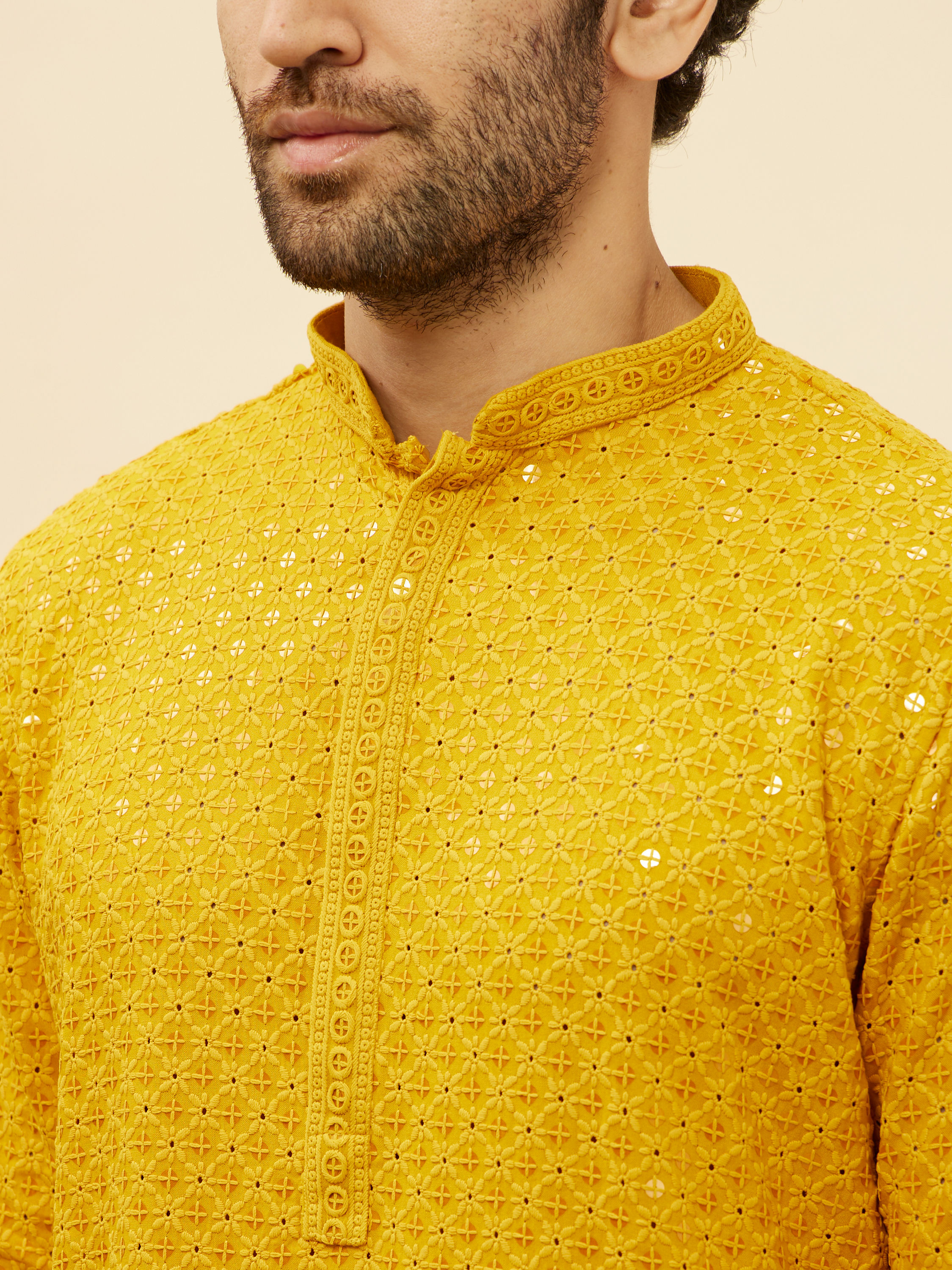 Manyavar Men Bright Mustard Chikankari Sequinned Kurta Set