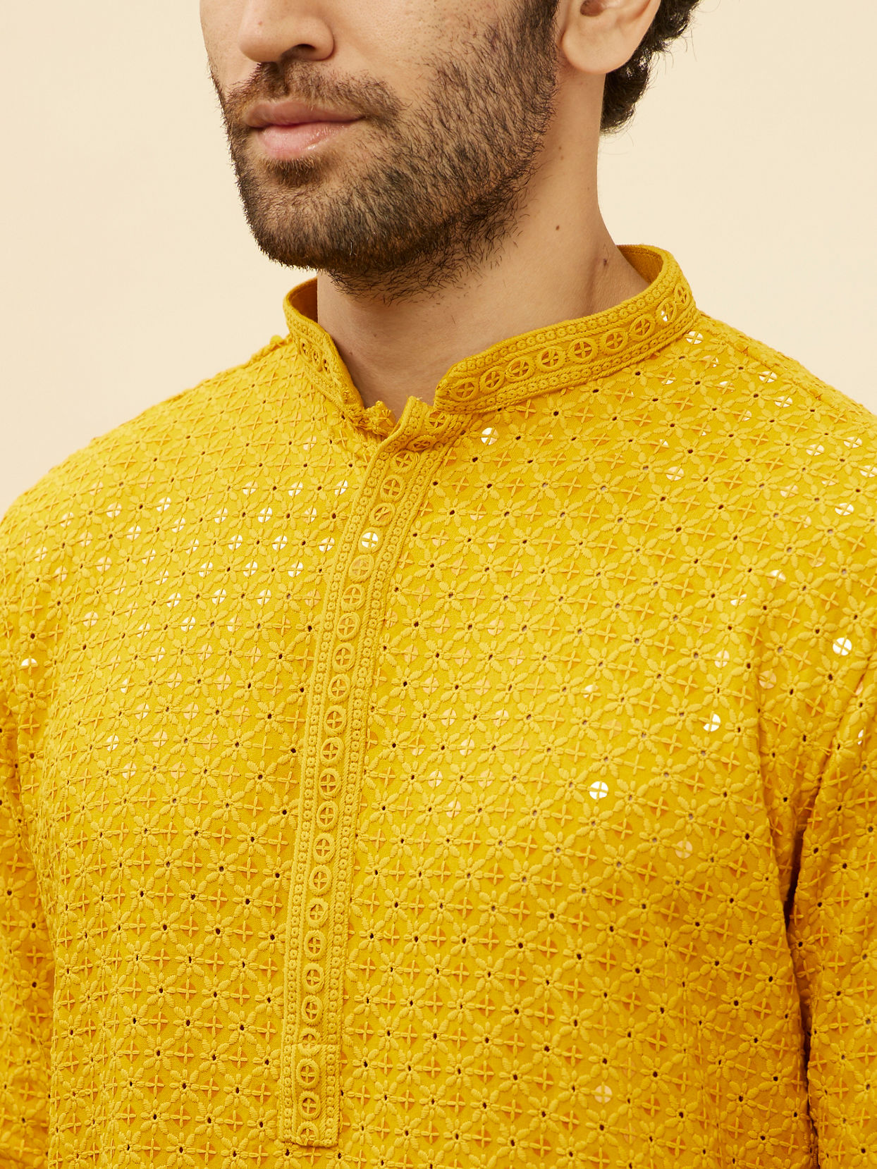 Manyavar Men Bright Mustard Chikankari Sequinned Kurta Set