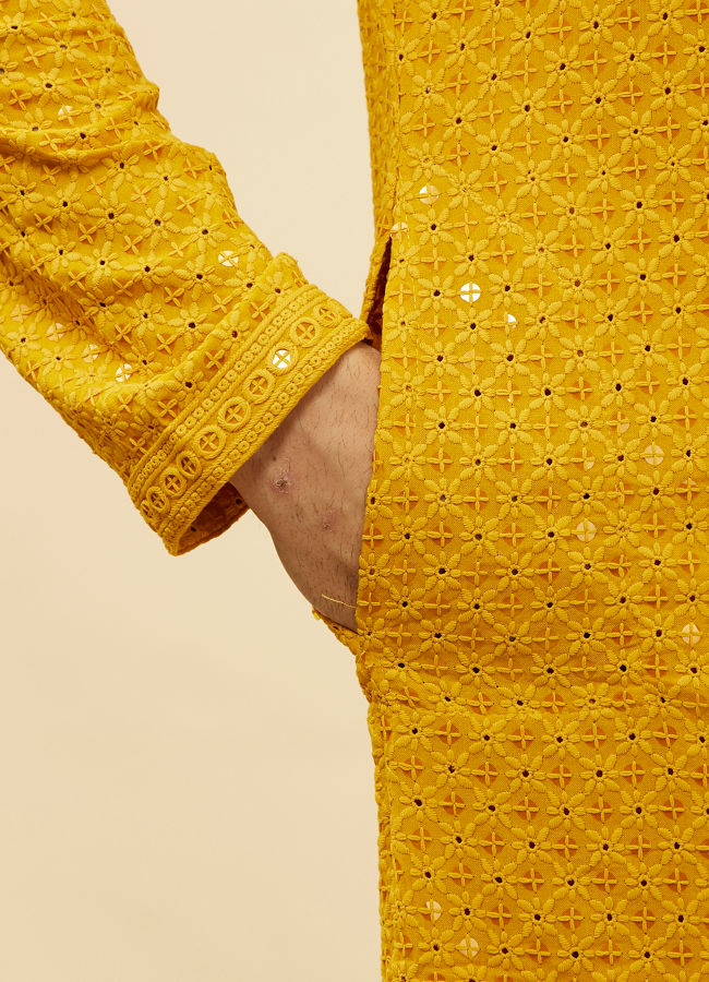 Manyavar Men Bright Mustard Chikankari Sequinned Kurta Set