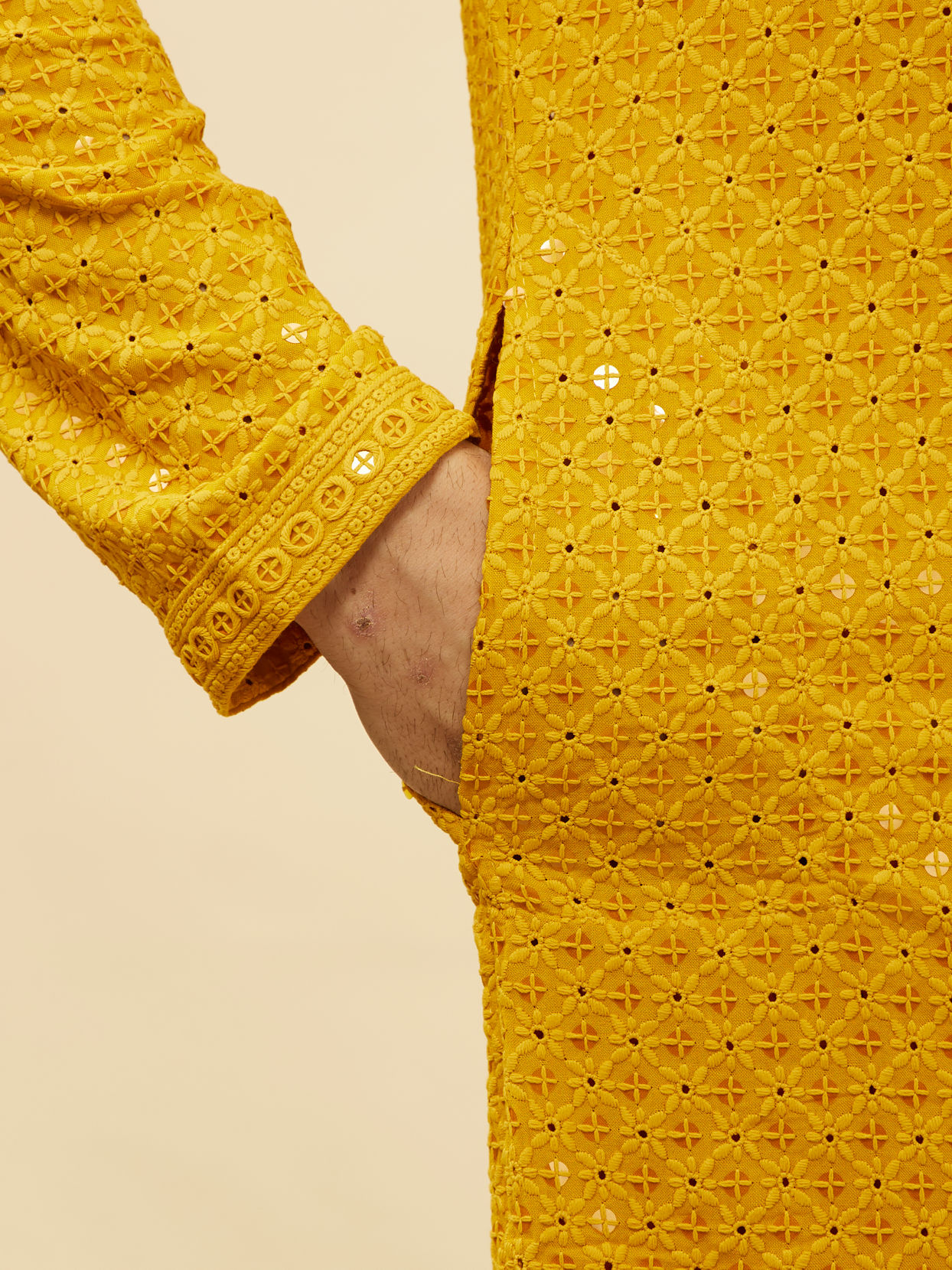 Manyavar Men Bright Mustard Chikankari Sequinned Kurta Set