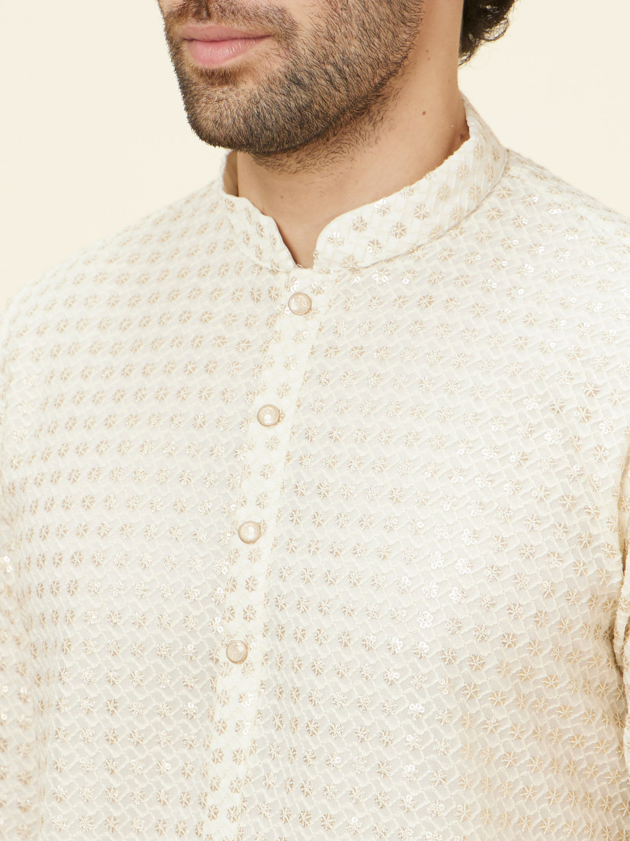 Manyavar Men Buttercream Ditsy Floral Chikankari Kurta Set