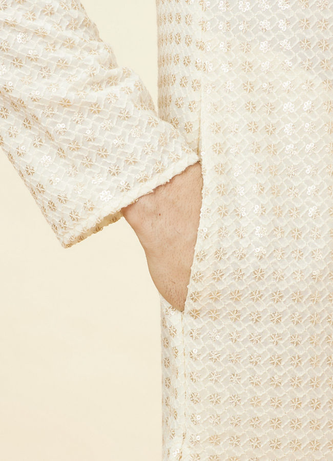 Manyavar Men Buttercream Ditsy Floral Chikankari Kurta Set