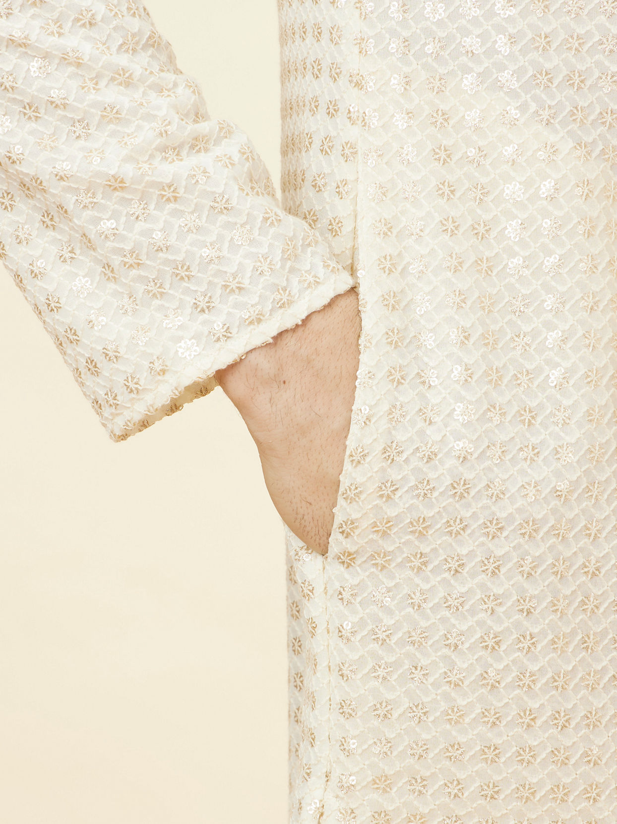 Manyavar Men Buttercream Ditsy Floral Chikankari Kurta Set