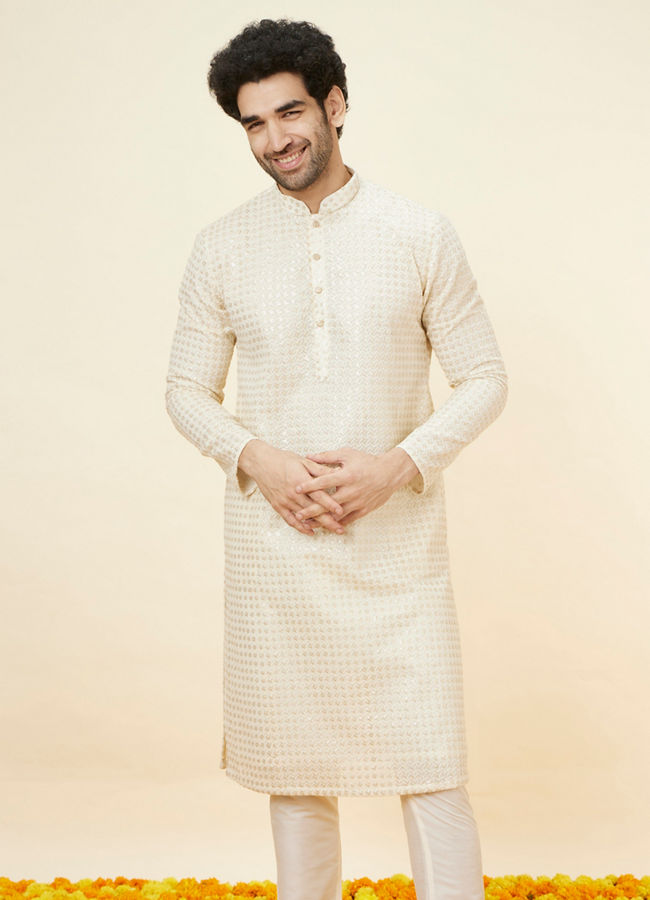 Manyavar Men Buttercream Ditsy Floral Chikankari Kurta Set
