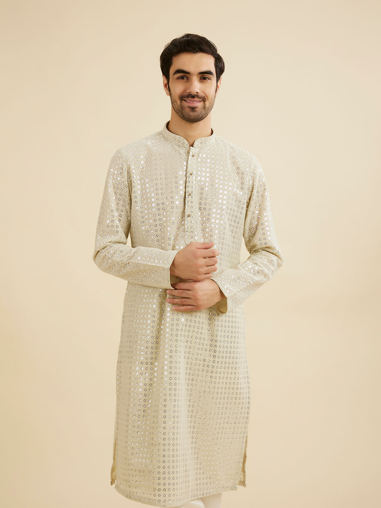 Manyavar Men Pista Green Chikankari Kurta Set with Sequin Work