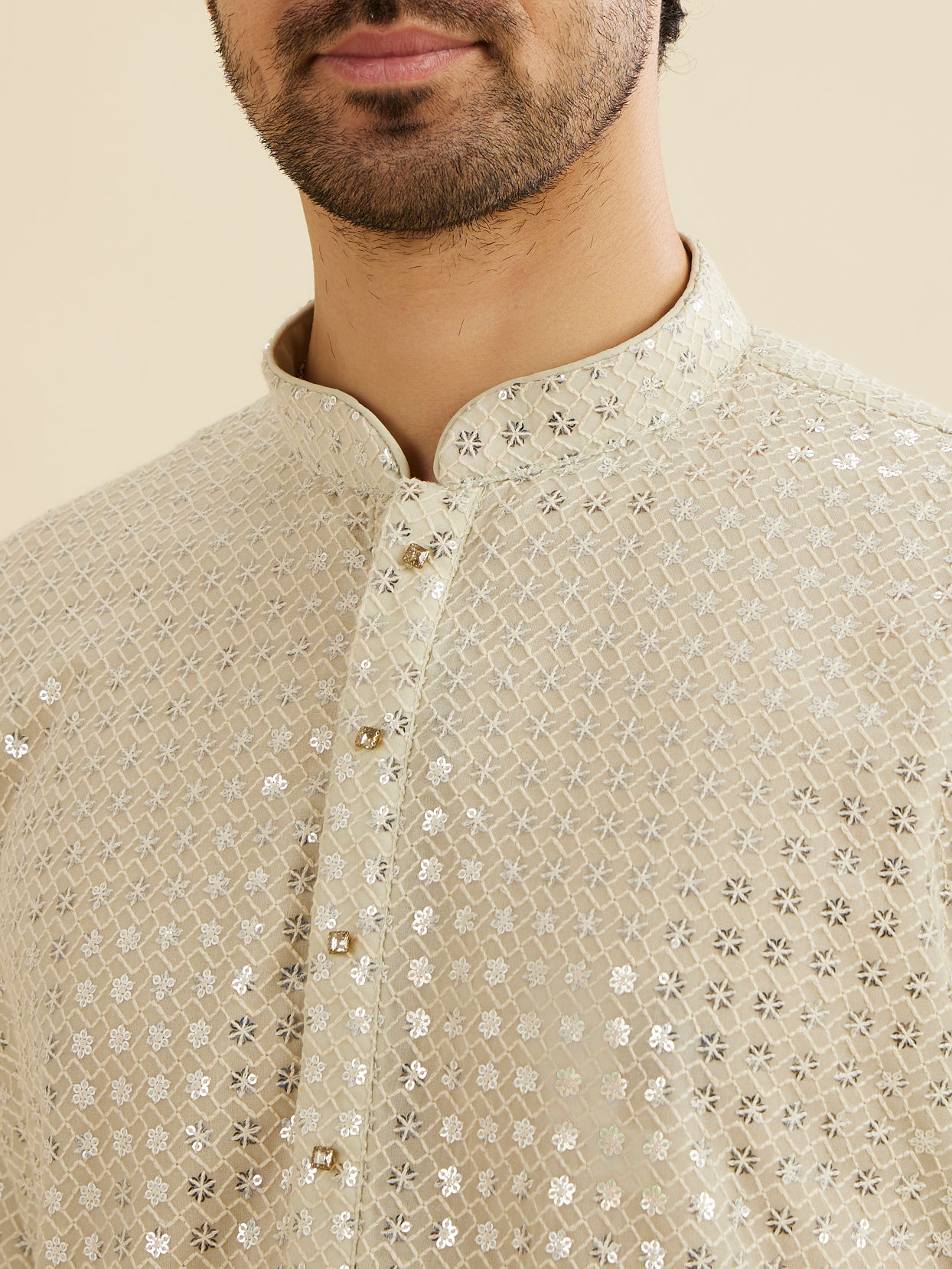 Manyavar Men Pista Green Chikankari Kurta Set with Sequin Work