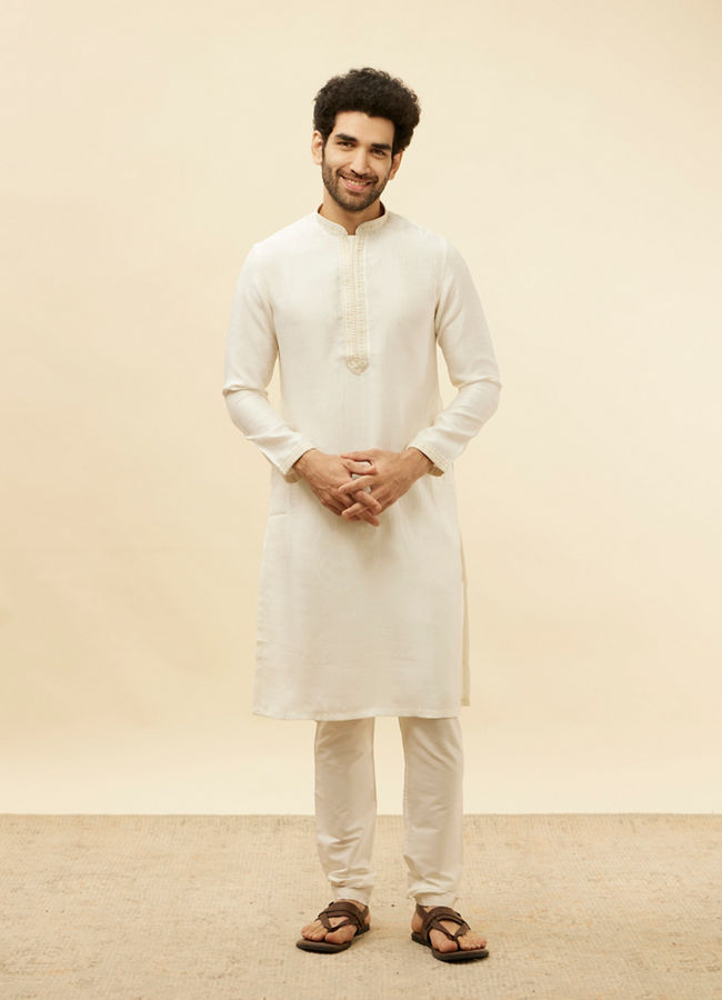 alt message - Manyavar Men Warm White Embroidered Neckline Kurta Set image number 2