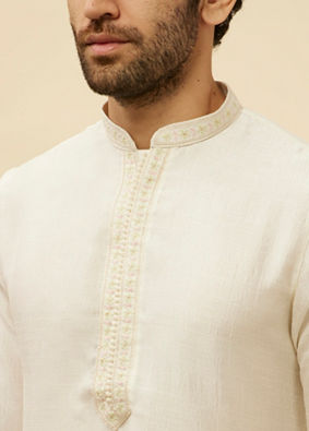 Manyavar Men Warm White Embroidered Neckline Kurta Set