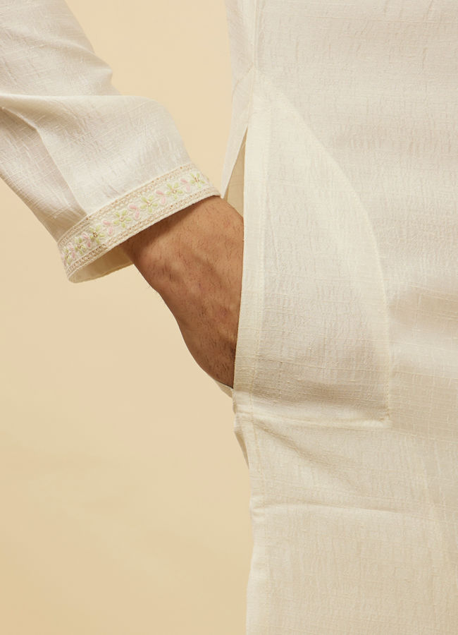 Manyavar Men Warm White Embroidered Neckline Kurta Set