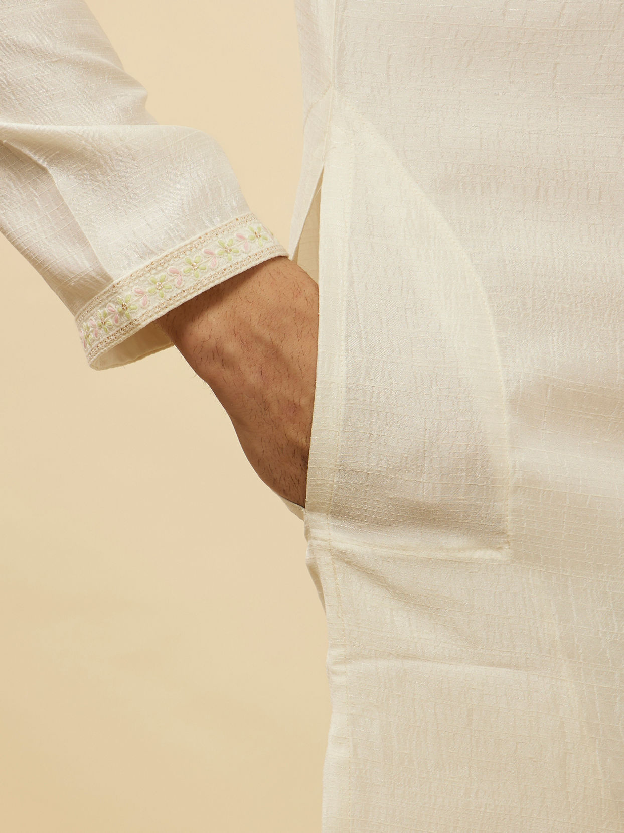 Manyavar Men Warm White Embroidered Neckline Kurta Set