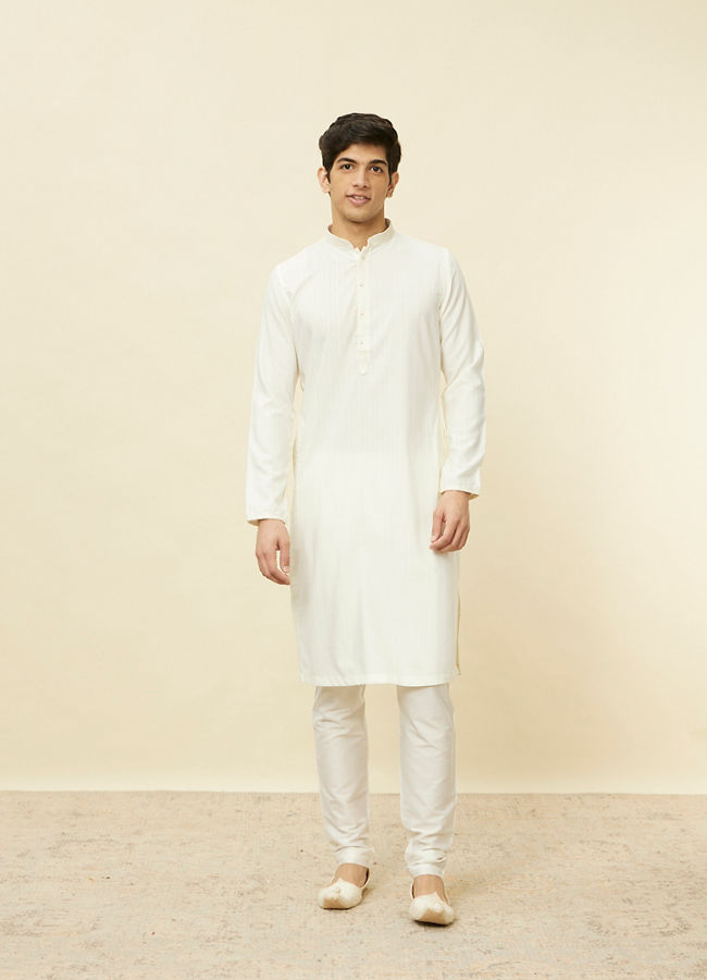 Manyavar Men Pearled Ivory White Linear Patterned Kurta Set