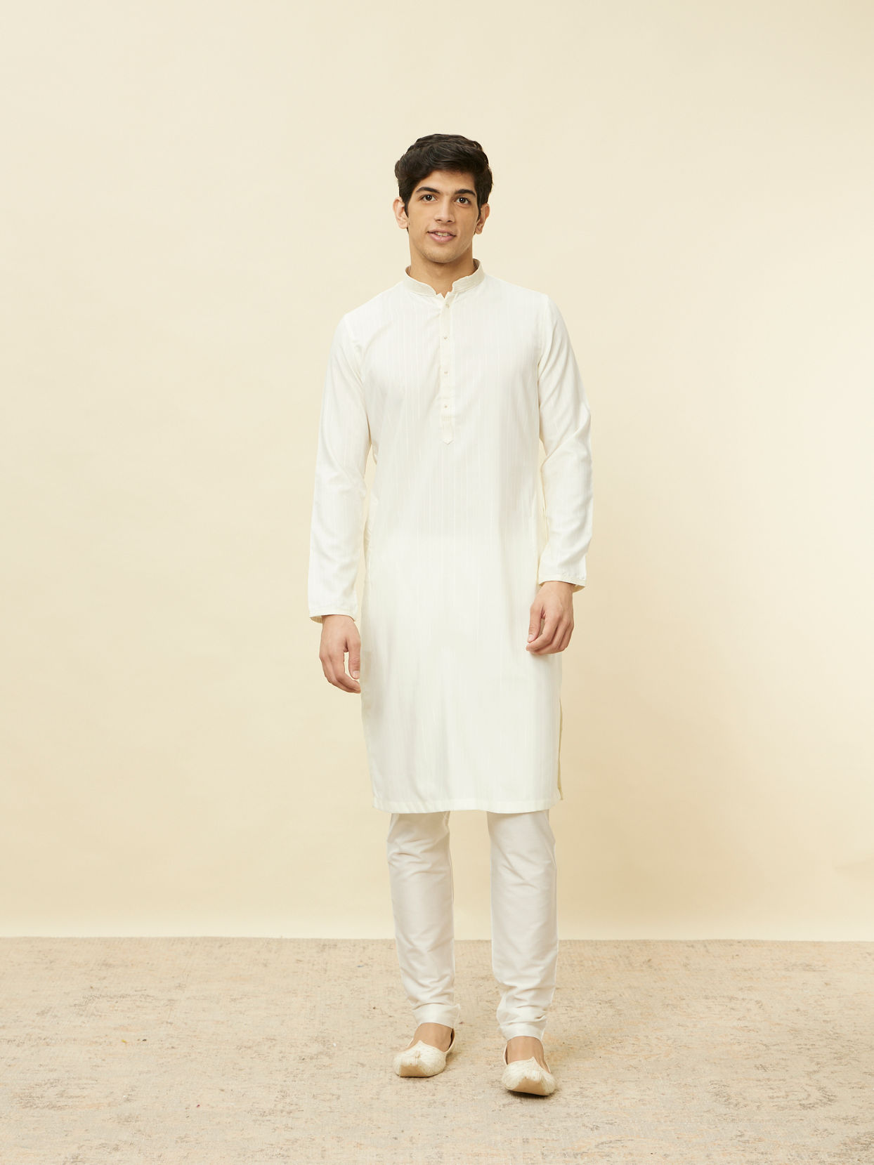 Manyavar Men Pearled Ivory White Linear Patterned Kurta Set