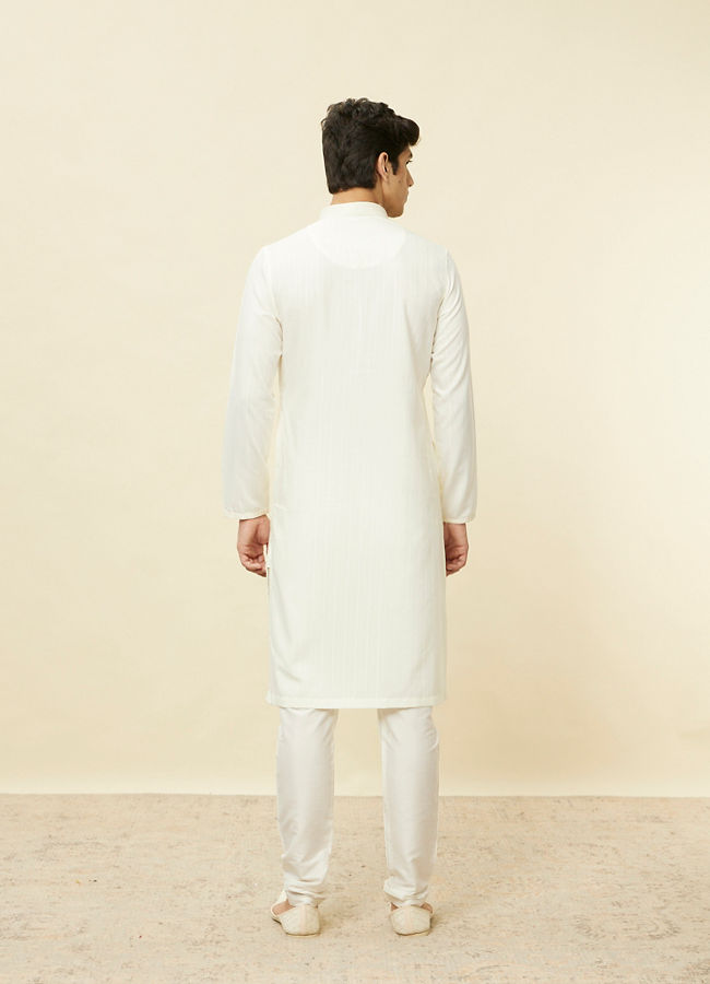 Manyavar Men Pearled Ivory White Linear Patterned Kurta Set